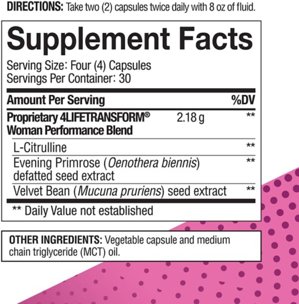 4LifeTransform Woman – Cellular Aging & Wellness Supplement for Women - Velvet Bean & Evening Primrose Extracts - Supports Healthy Skin & Nitric Oxide Production - 120 Capsules